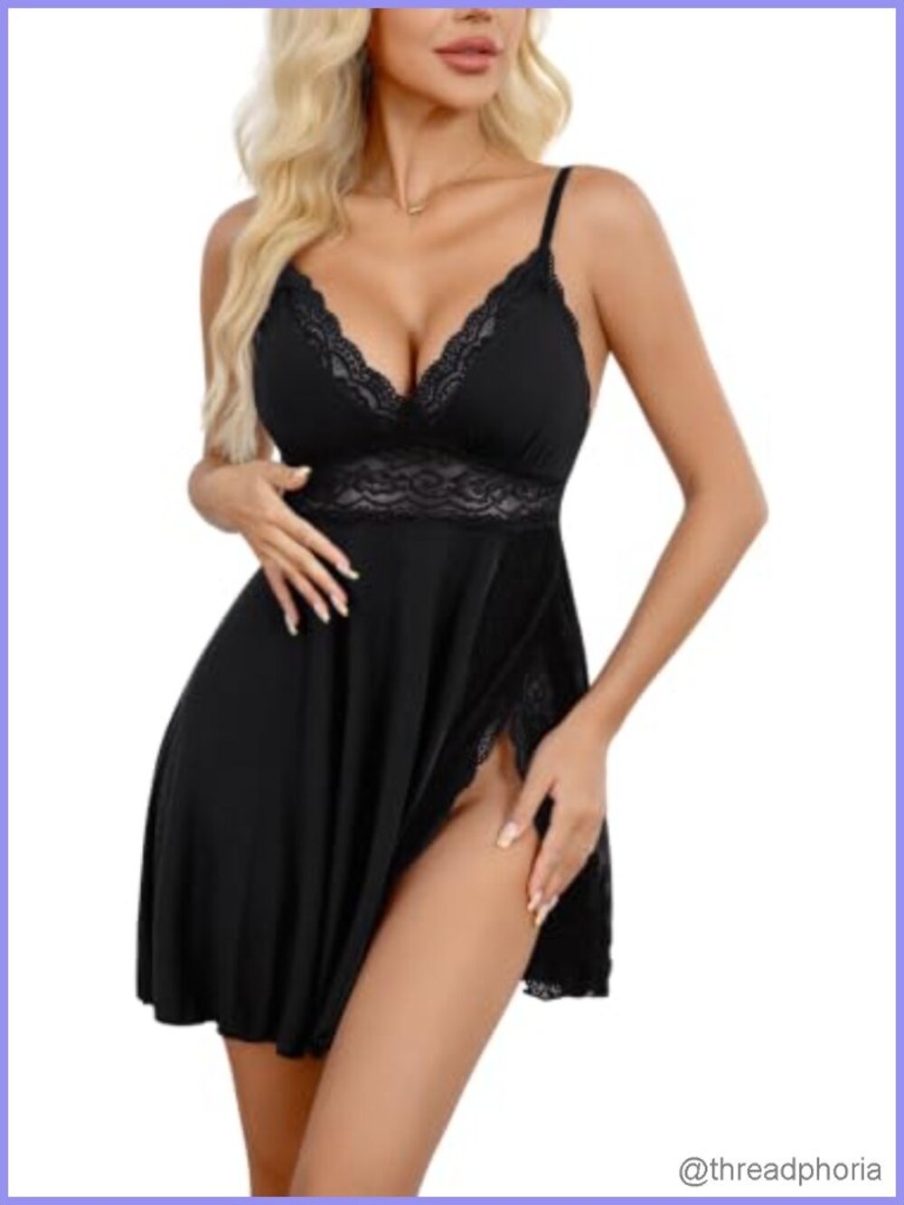 Sexy Lace Chemise V-Neck Babydoll Nightgown with Side Slits